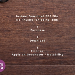 May include: A brown wood background with white text that reads "Instant Download PDF File No Physical Shipping Item". Below the text are three numbered steps: 1. Purchase, 2. Download, 3. Print or Apply on Goodnotes / Notability.