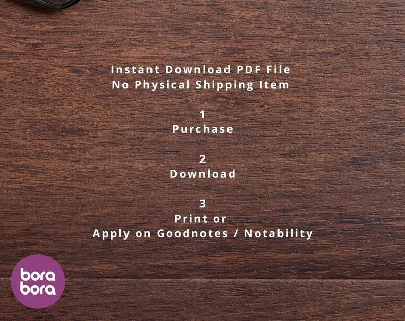 May include: A brown wood background with white text that reads "Instant Download PDF File No Physical Shipping Item". Below the text are three numbered steps: 1. Purchase, 2. Download, 3. Print or Apply on Goodnotes / Notability.