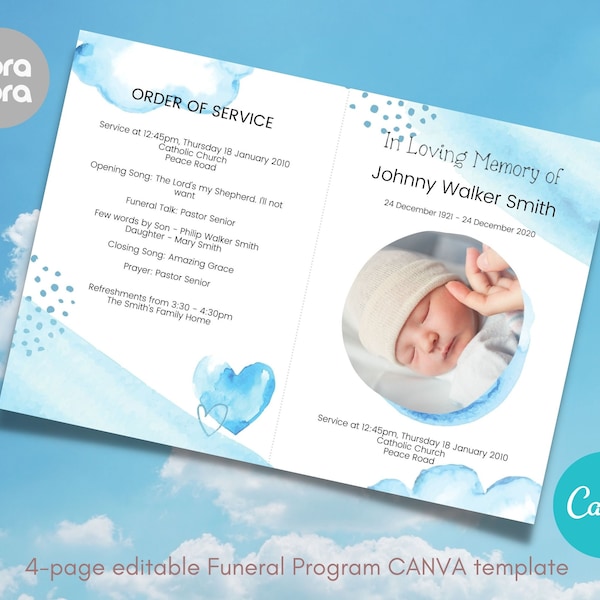 Baby Blue Funeral Program Template For Children , baby Boy, stillborn infant Obituary Template | Instant Download Editable Canva Template A4