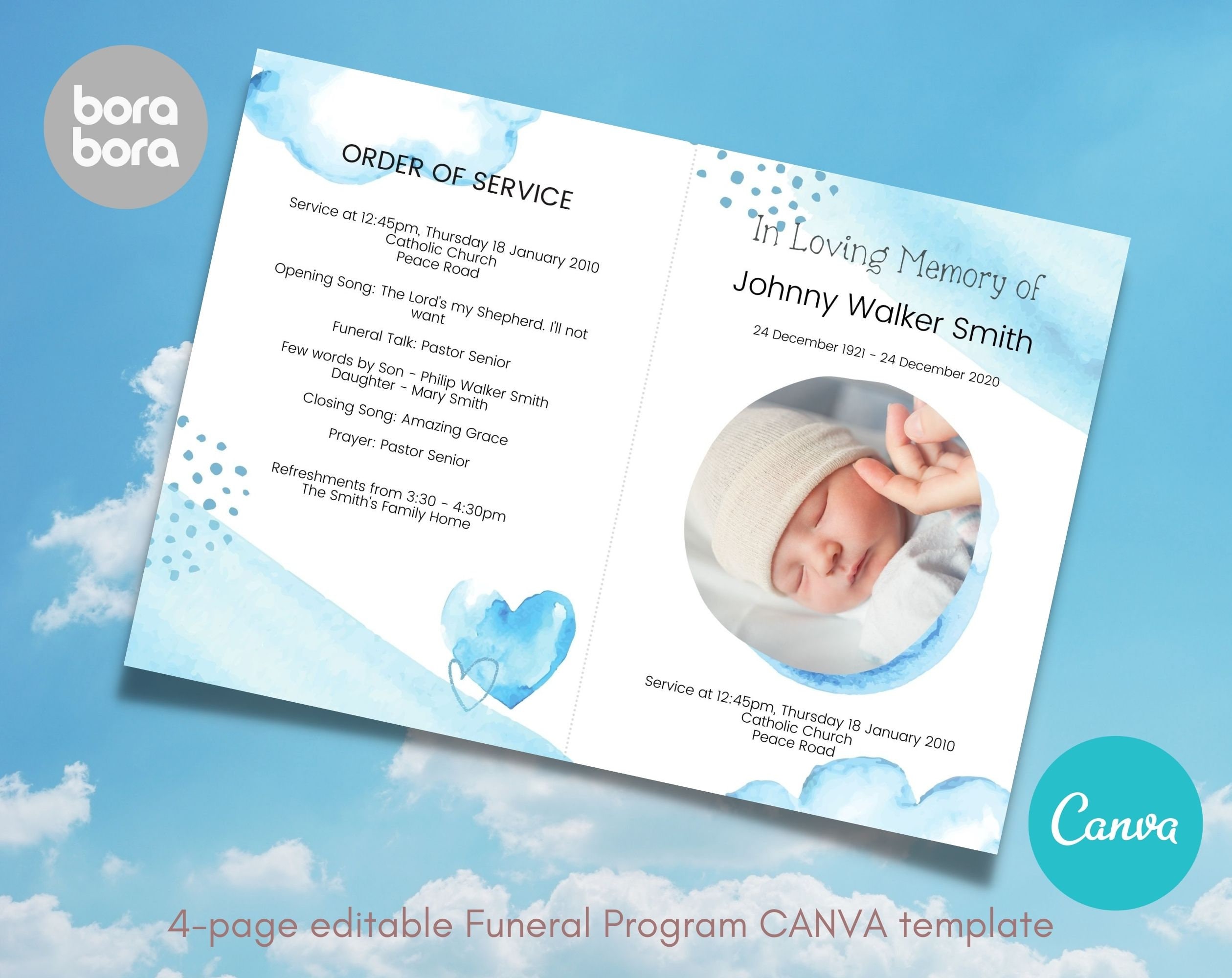 Baby Blue Funeral Program Template for Children , Baby Boy, Stillborn