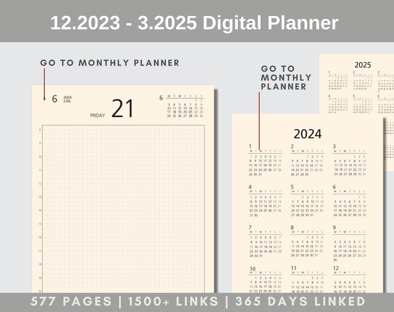 2024 2025 Digital Planner MUJI Style Beige Minimalist Monthly Weekly Daily 356 Day Link Calendar 