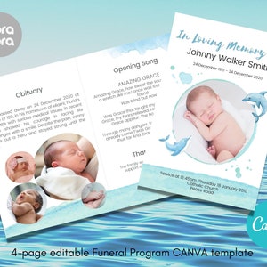 May include: A 4-page funeral program template with a blue and white watercolor background. The template features a photo of a baby boy, a dolphin, and the text "In Loving Memory of Johnny Walker Smith". The text "24 December 1921 - 24 December 2020" is also included. The template is designed for a funeral service and includes the date, time, and location of the service.