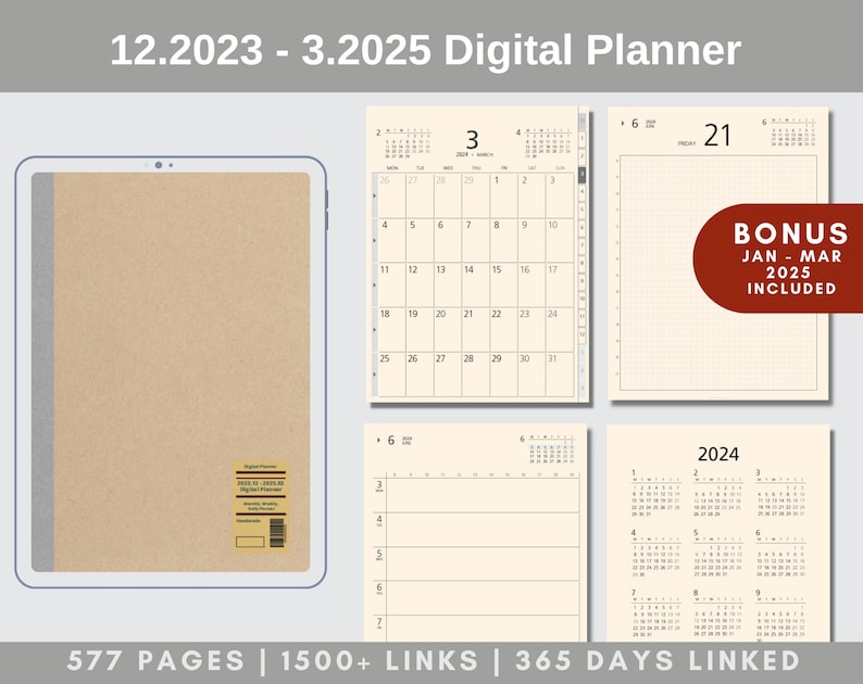 2024 2025 Digital Planner MUJI Style Beige Minimalist Monthly Weekly Daily 356 Day Link Calendar 