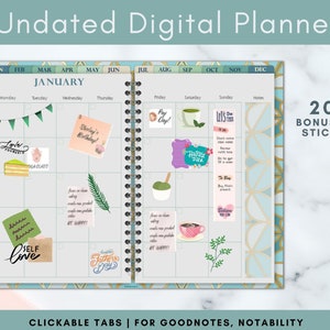 Puede incluir: Un planificador digital abierto con un diseño geométrico en verde azulado y dorado. El planificador está abierto a enero, con pegatinas decorativas y el texto "Undated Digital Planner". Incluye 200 pegatinas PNG de bonificación. Pestañas clickables para Goodnotes y Notability.