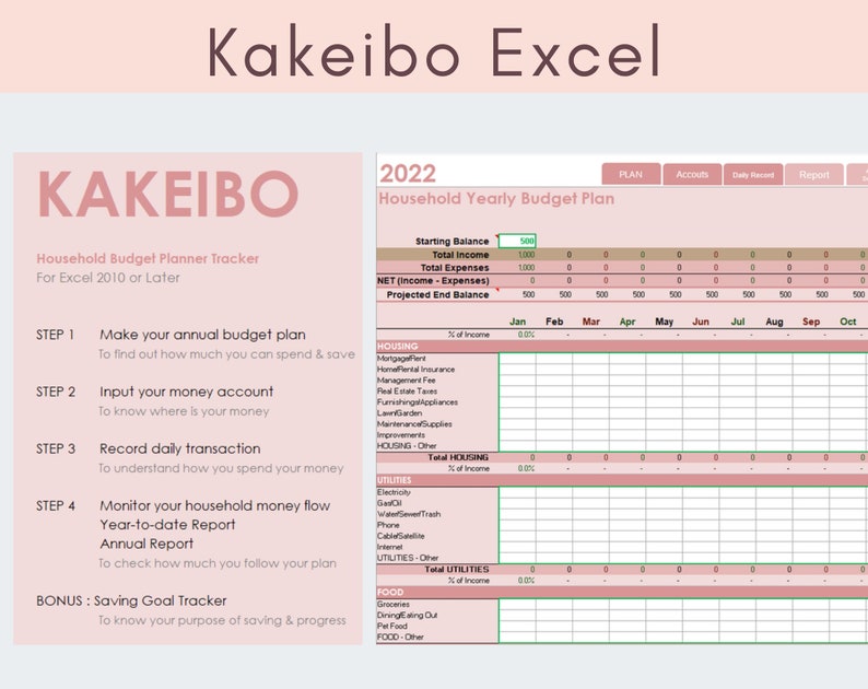 Kakeibo Excel Template Tool Household Budget Planner Expense Saving