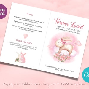 Może przedstawiać: 4-stronicowy edytowalny szablon programu pogrzebowego z akwarelowym designem. Okładka zawiera tekst "Forever Loved" i ilustrację królika. Program zawiera wiersz, notę podziękowania i szczegóły usługi.
