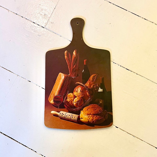 1970s Kitsch Bread Board with Images of Red Wine, French Baguette, Loaf Tin, Bloomer, Rolls and Rolling Pin. Photo Realism, Excellent Cond