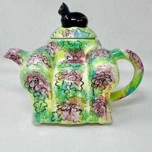Vintage Swineside Pottery Teapot, Handpainted Cat Armchair Design