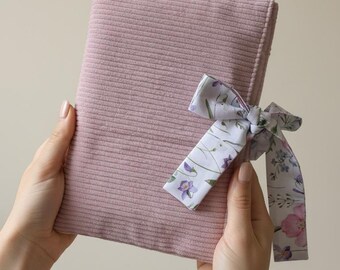 Reversible Pink Corduroy Book Sleeve with Bow, Padded Book Protector, Planner & Journal Cover