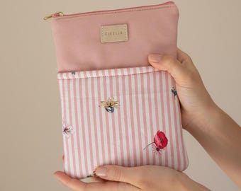 Handmade Pink Kindle Sleeve with Floral Pocket Fits 6-7 Inch eReaders