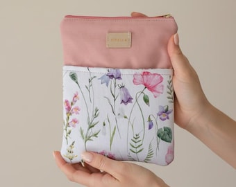 Pink Floral Kindle Sleeve, Padded Cotton Canvas eReader Case with Pocket