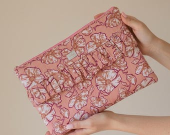 Handmade Peach Floral Laptop Sleeve, Ruffled Padded Macbook Case