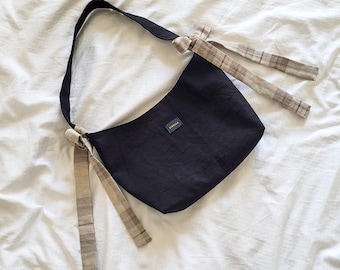 Black Canvas Shoulder Bag: Plaid Bow Ties, Magnetic Clasp (25x30 cm)