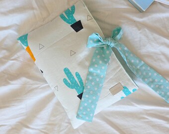 Turquoise Cactus Book Sleeve Reversible Padded Cover with Bow Fits Journal Planner Paperback