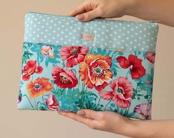 Turquoise Floral Laptop Sleeve | Padded Cotton Computer Case, 13-14 inch