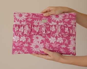 Handmade Pink Floral Laptop Sleeve, Ruffled Padded Macbook Case