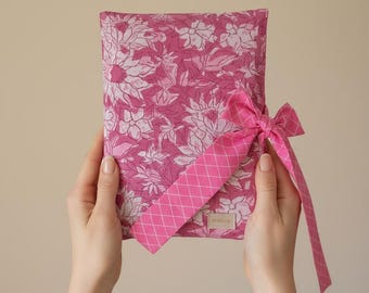 Pink Floral Cotton Book Sleeve with Bow Closure – Padded Journal Cover