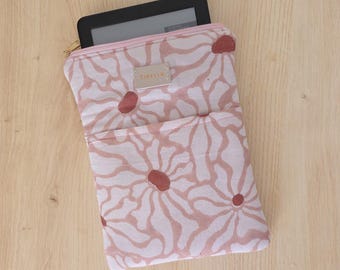 Pink Beige Floral Cotton Kindle Sleeve with Pocket (6-7 Inch)