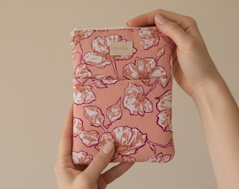 Handmade Peach Floral Kindle Sleeve, Padded Cotton eReader Case with Pocket