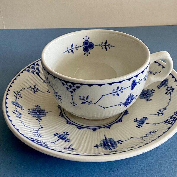 Vintage Blue and White Cup and Saucer by Furnivals Denmark Blue Pattern