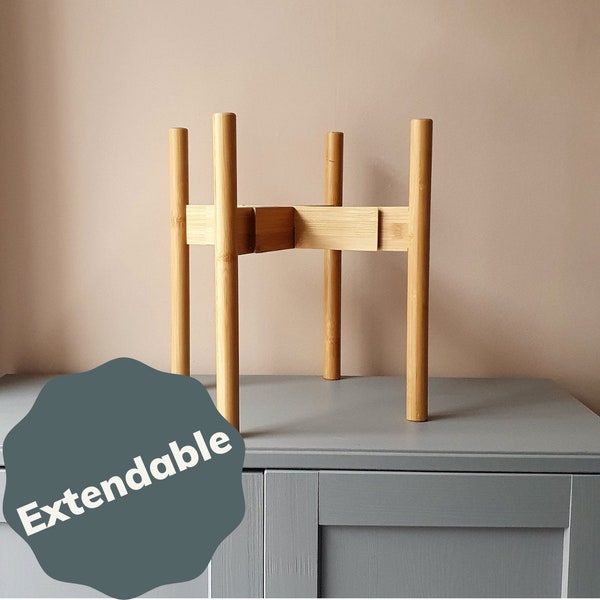 Soporte extensible para macetas de bambú ELLON: estilo moderno de mediados de siglo, para interiores y exteriores.