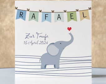 Taufkarte mit Namen personalisiert Elefant mit Wimpel inkl. Umschlag, Geschenk zur Taufe, Taufgeschenk für Jungen und Mädchen, Geldgeschenk