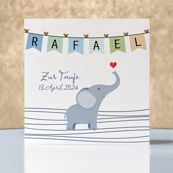 Taufkarte mit Namen personalisiert Elefant mit Wimpel inkl. Umschlag, Geschenk zur Taufe, Taufgeschenk für Jungen und Mädchen, Geldgeschenk