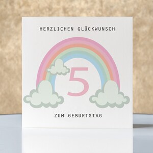 Geburtstagskarte Kinder, Motiv "Regenbogen Rosa", Klappkarte quadratisch, Faltkarte 15,5cmx15,5cm,mit Umschlag, Geschenk personalisierbar