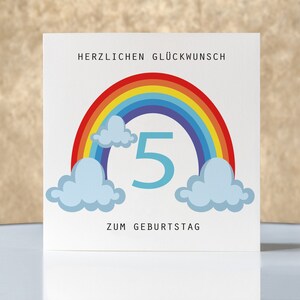 Geburtstagskarte Kinder, Motiv "Regenbogen Blau", Klappkarte quadratisch, Faltkarte 15,5cmx15,5cm,mit Umschlag, Geschenk personalisierbar
