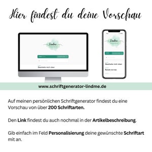 May include: A computer monitor and smartphone display a website interface with the text "Lindme" and a search bar. The website is for a font generator, with the URL www.schriftgenerator-lindme.de. Text in German describes the site's features.