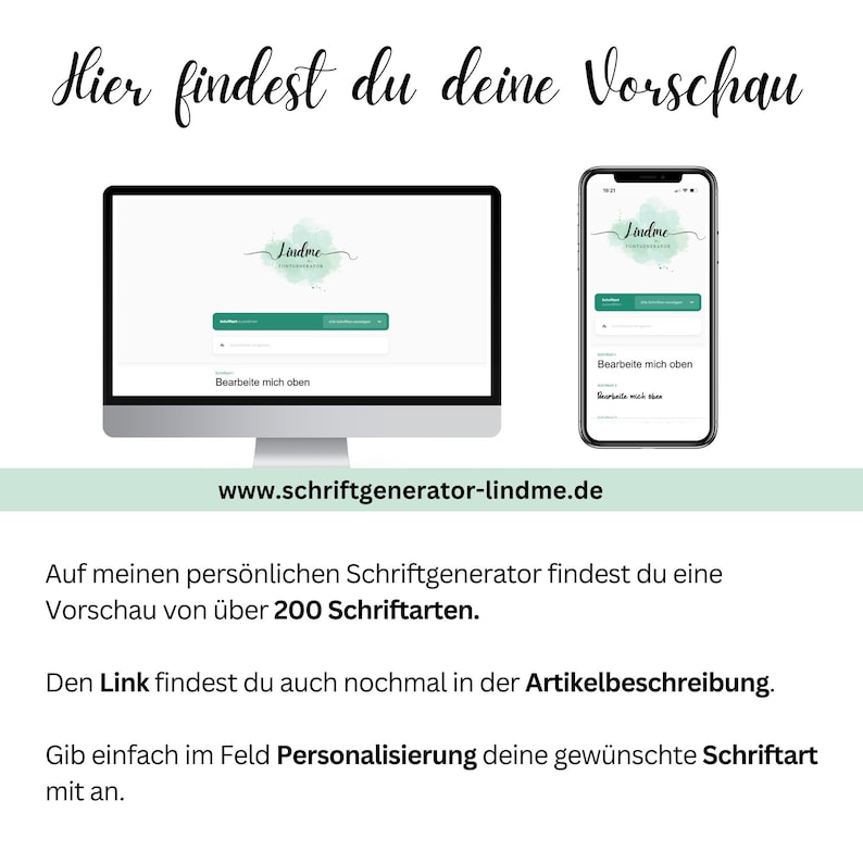 May include: A computer monitor and smartphone display a website interface with the text "Lindme" and a search bar. The website is for a font generator, with the URL www.schriftgenerator-lindme.de. Text in German describes the site's features.