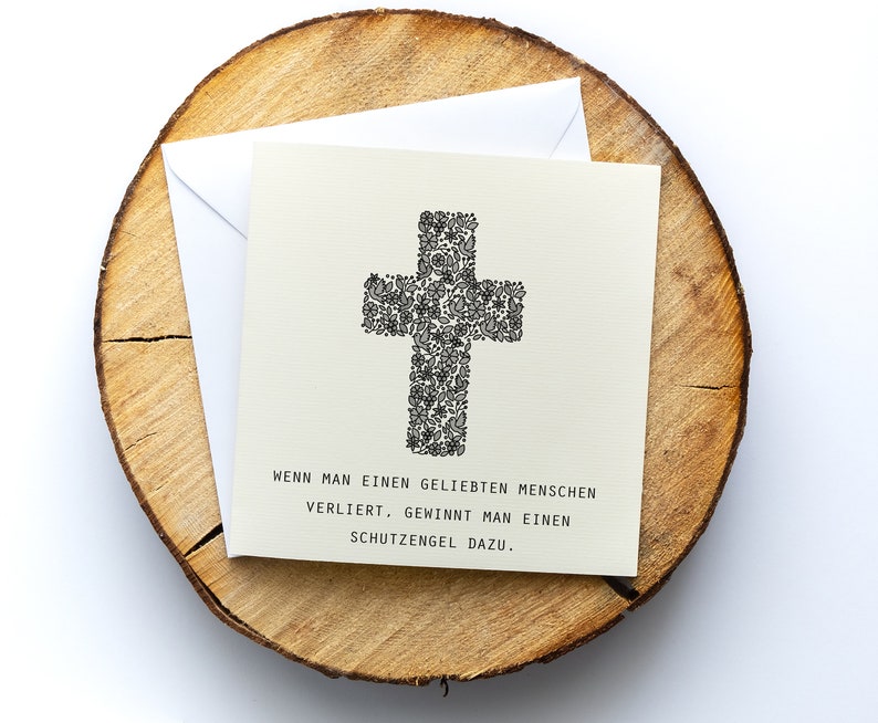 Mourning card, condolence card Guardian Angel, motif Flower Field, folding card square, 15.5 x 15.5 cm, with envelope, card customizable Kreuz 3