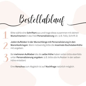 May include: A graphic with the word "Bestellablauf" in elegant script. Numbered steps explain the ordering process, including font selection, personalization, and maximum letter height. The background is white with soft pink accents.