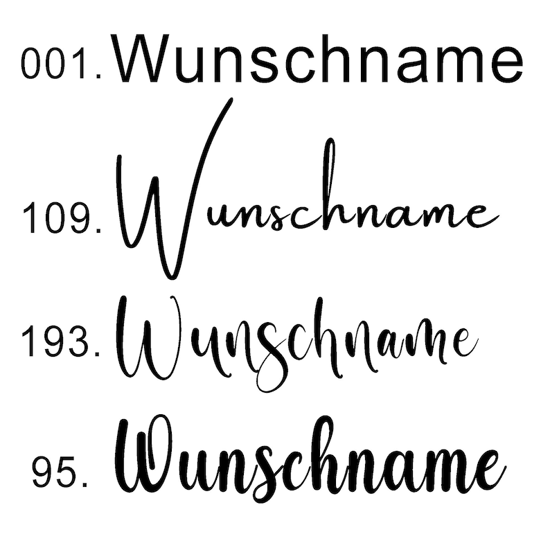 May include: A white background with four instances of the German word "Wunschname" in black script. Each instance is numbered: 001, 109, 193, and 95. The script varies in style.