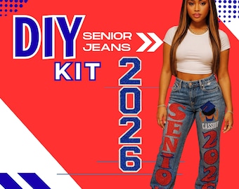 Senior Jeans Iron-On Decals | “SENIOR” + “2026” + Name | Matte/Glitter + Outline | Varsity HTV Letters | Ready-to-Press
