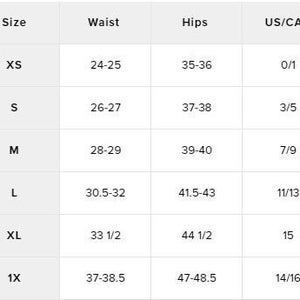May include: Size chart showing waist and hip measurements in inches for sizes XS to 1X, along with corresponding US/CAN sizes.