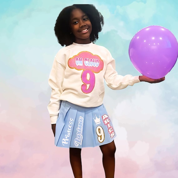 Girls 'on Cloud 9' Birthday Outfit | Personalized Pleated Skirt Set