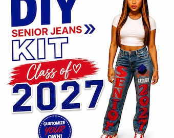 Opstrijkstickers senior jeans | "SENIOR" + "2027" + naam | Mat/glitter + contour | Varsity HTV-letters | Drukklaar