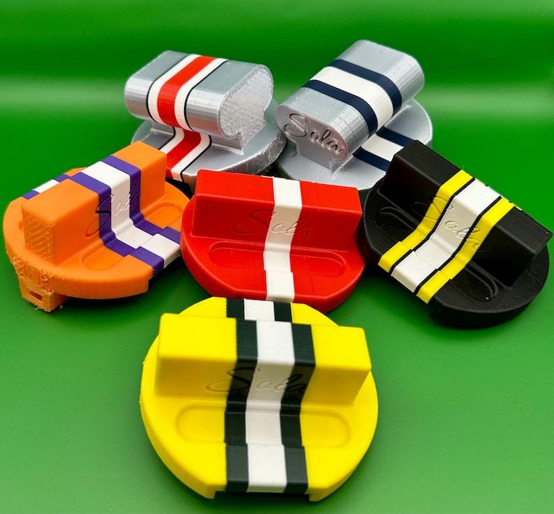Front-3 stripe-yellow/forest green/white
Mid left-3 stripe-orange/purple/white
Mid center-1 stripe-red/white
Mid right-5 jersey stripe-black/yellow/white
Back right-5 helmet stripe-silk silver/red/white
Back left-3 stripe-silk silver/white/navy blue