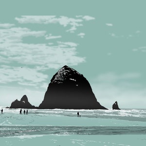 May include: A serene beach scene with a large rock formation and several smaller rocks in the distance. Silhouetted figures of people and a dog are walking on the beach. The artwork is in shades of black, white, and teal.