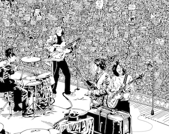 May include: Black and white illustration of The Beatles performing on stage. The background is filled with tiny drawings of people, objects, and text. The text at the top of the image reads "By The Beatles".