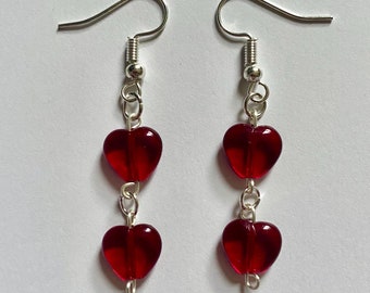 Dark red glass heart drop earrings <3 (gold or silver)