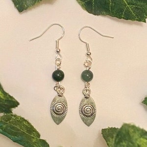 Silver swirl drop moss agate earrings