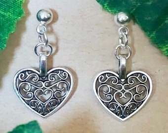 Antique heart charm drop stud earrings