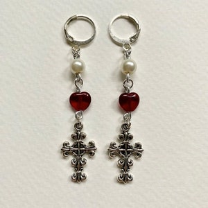 Ornate cross, pearl, and red heart huggie hoop earrings
