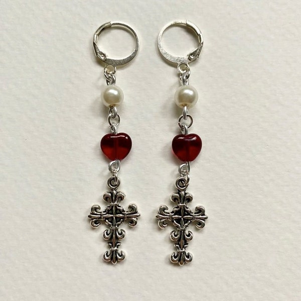 Ornate cross, pearl, and red heart huggie hoop earrings