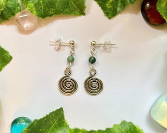 Silver swirl/spiral moss agate drop earrings