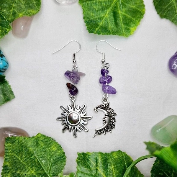 Mismatched sun and moon earrings with amethyst/aventurine/carnelian chips