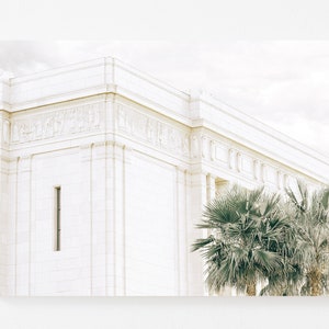 May include: A white building with intricate details and a palm tree in the foreground. The building has a tall, rectangular window and a series of arches along the top.