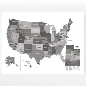 May include: A grayscale map of the United States with each state outlined and labeled. The map includes the state capitals and major cities. The state of Utah is highlighted in a darker shade of gray and a zoomed-in map of Utah is shown in the bottom right corner.